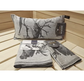 JOKIPIIN prémium szett: szauna párna, szauna fekvőlepedő, szauna ülőlepedő, szürke, jávorszarvas mintával