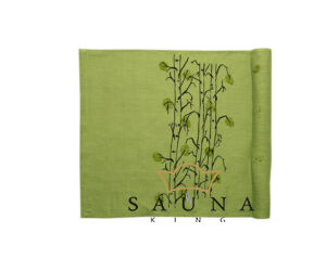 Pikkupuoti Szauna fekvőkendő 100% vászonból, lime zöld, levél mintával