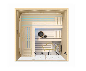 SAUNA KING finnszauna 4-5 főre repedezett tölgyfa saunaboard-ból, teljes üvegfronttal, 200x200cm