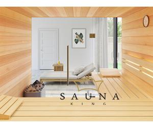 SAUNA KING finnszauna 4-5 főre hemlockból, teljes üvegfronttal, 200x200cm